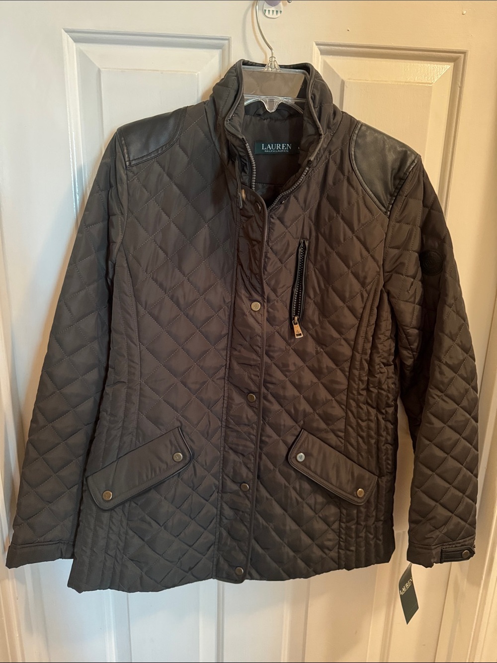 Lauren Ralph Lauren Quilted Jacket in Dark green with Leather Trim